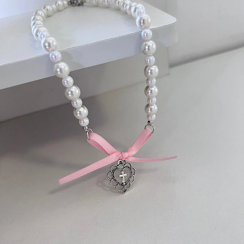 Bow Love Cross Imitation Pearl Pendant Necklace for Women French Romantic Sweet Lolita Clavicle Chain Harajuku Fashion Jewelry