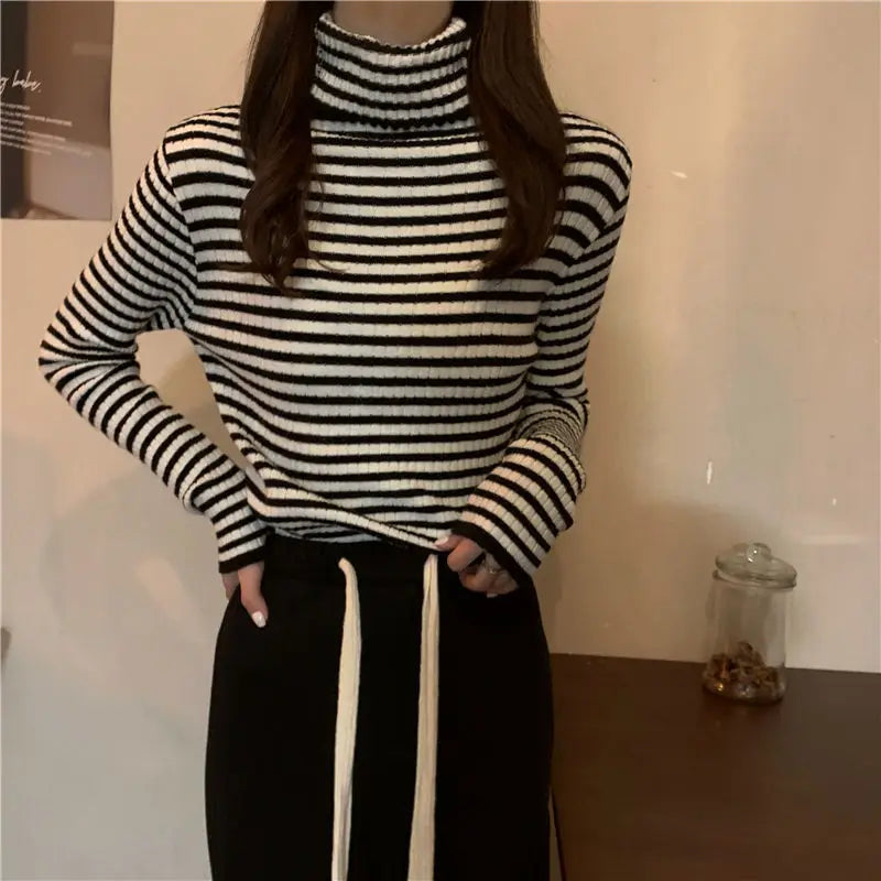 Women's Striped Turtleneck Sweater Autumn and Winter Knit Sweater-Dollar Bargains Online Shopping Australia