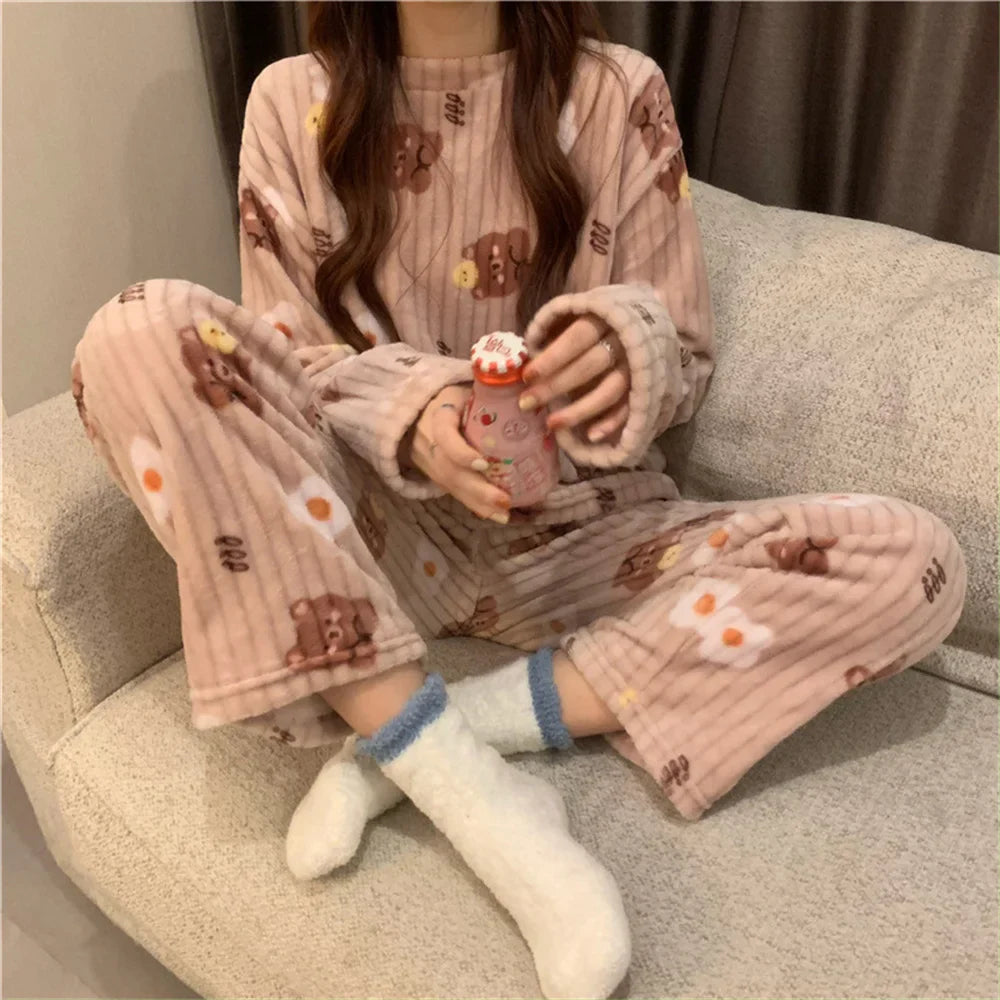 Winter Warm Flannel Fleecing Women Pyjamas Sets Thick Coral Velvet Long Sleeve Cartoon Sleepwear 2pcs Flannel Pajamas Set-Dollar Bargains Online Shopping Australia