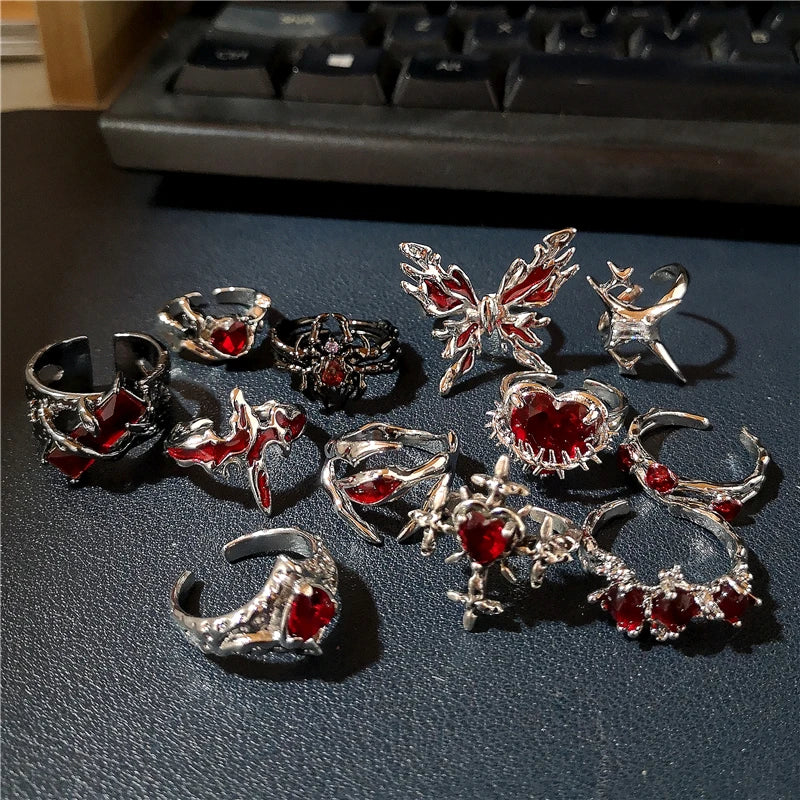 Irregular Red Crystal Glass Heart Aesthetic Rings For Women Y2K Gothic Animal Spider Ring Creative Grunge Jewelry Accessories