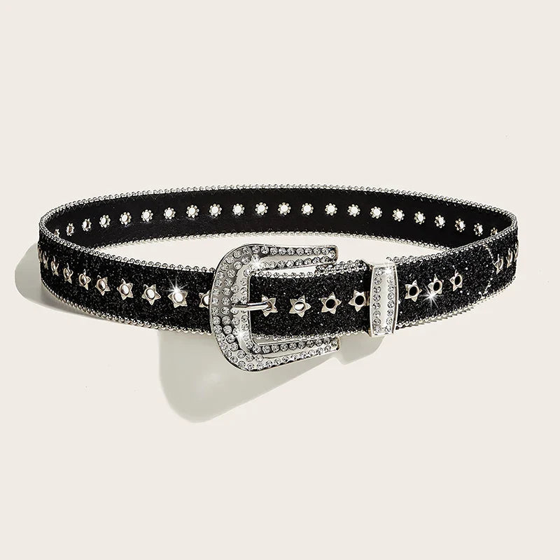 Y2K Rhinestones Buckle Belt Punk Star Hole Waist Strap Gothic Fashion Personality Belt For Cowgirl Skirt Waistband For Women Men