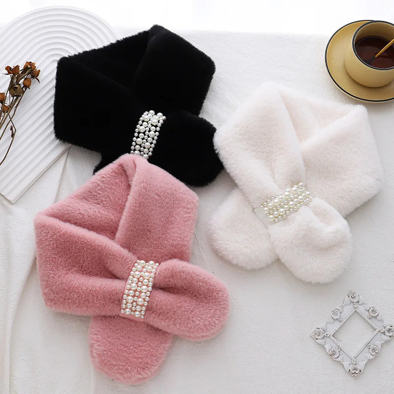 Winter Pearl Plush Scarf For Women Autumn Cute Thickened Warm Faux Fur Cross Scarves Girls Soft Neck Ring Scarf