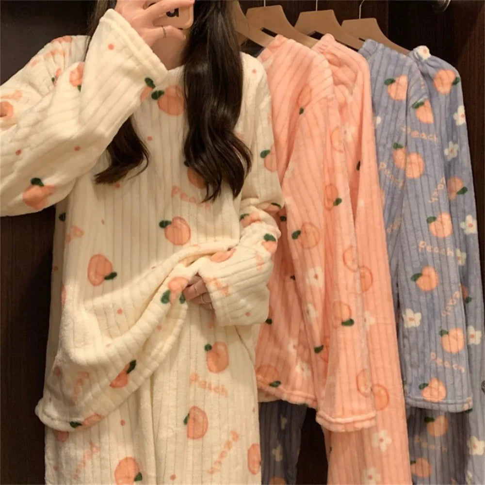 Winter Warm Flannel Fleecing Women Pyjamas Sets Thick Coral Velvet Long Sleeve Cartoon Sleepwear 2pcs Flannel Pajamas Set-Dollar Bargains Online Shopping Australia