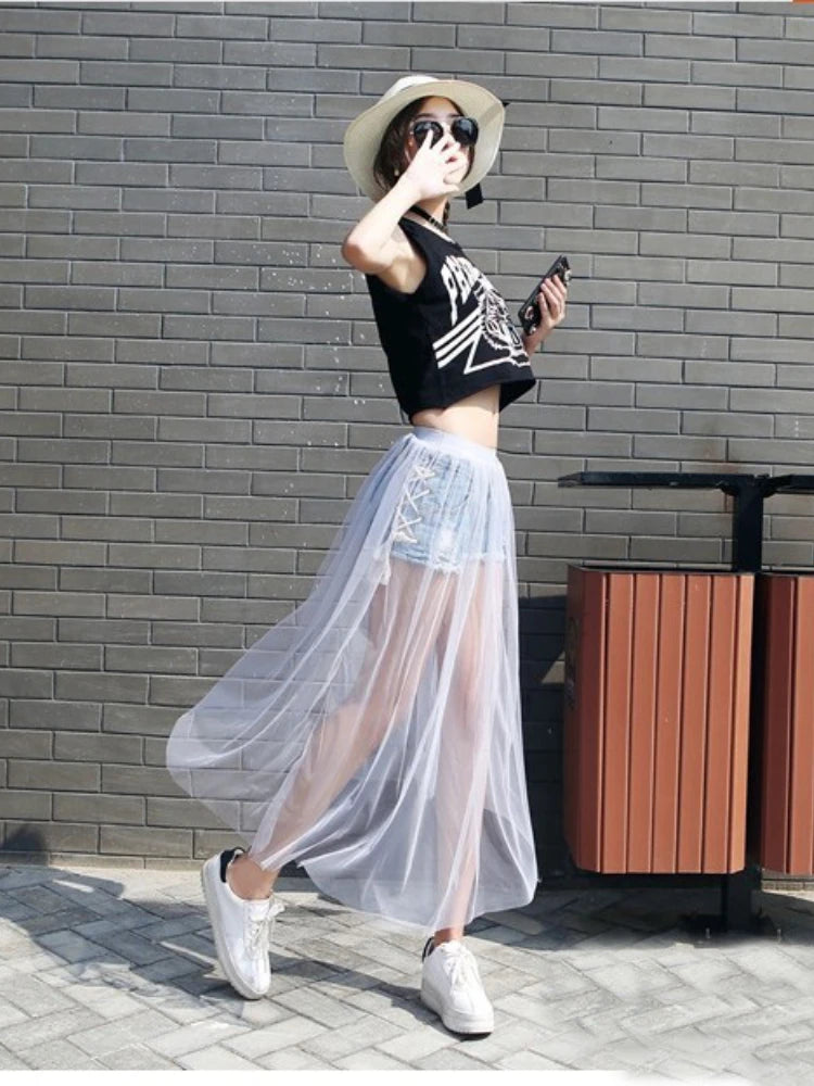 Long Lace Skirt Women Black White Mesh Voile Casual Skirts Low Waist Bohemian Sexy Transparent Maxi Wear