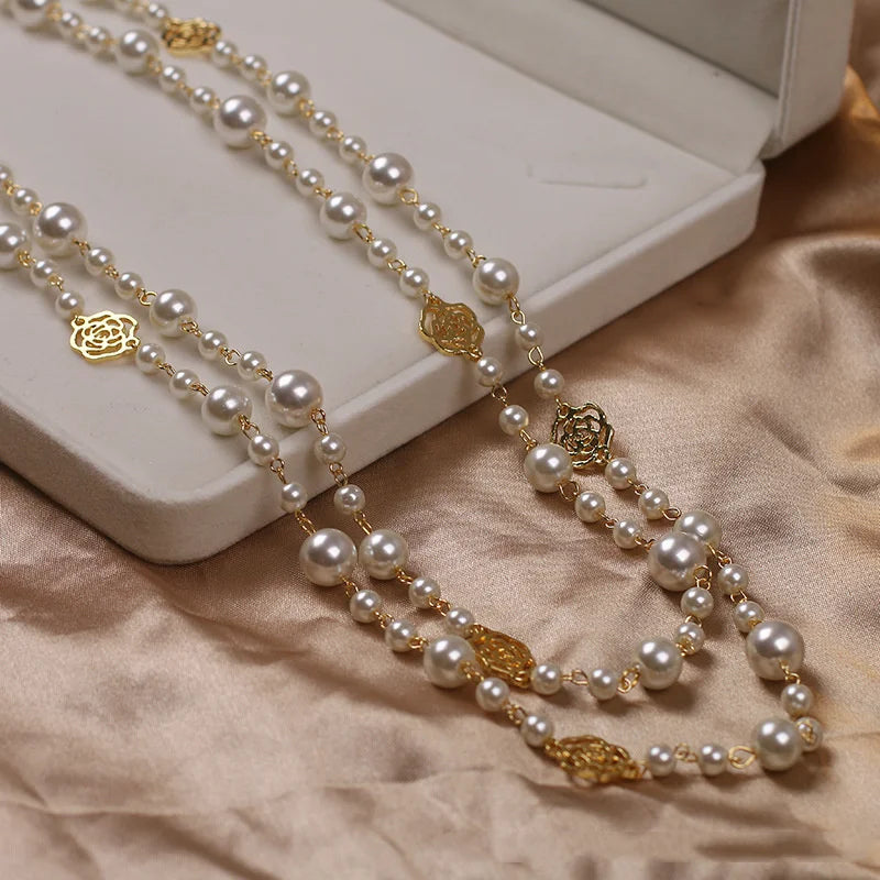 Vintage Lady Camellia Pearls Flower Long Necklace Chain Elegant Double Layers Fashion Women Party