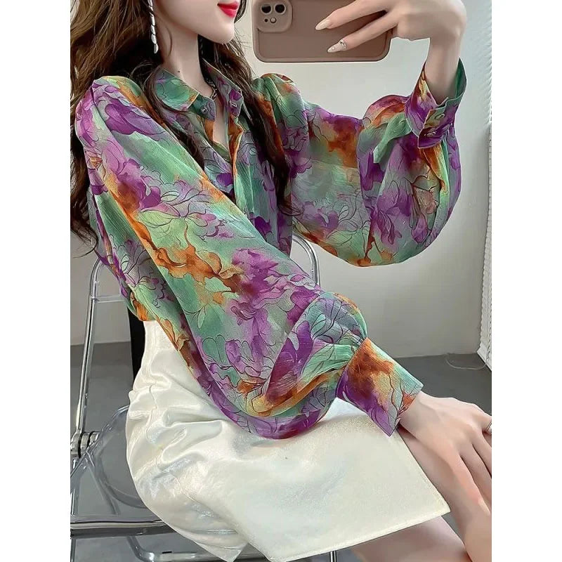 Women's Printed Button Polo-Neck Versatile Fashion Loose Appear Thin Commuter Lantern Sleeve Chiffon Shirt Top-Dollar Bargains Online Shopping Australia