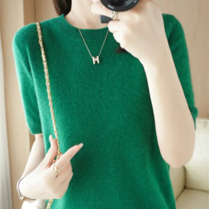 Spring and Summer New Short-sleeved Women O-neck Slim Wool Cotton Blend Pullover Vest T-shirt Knitted Base Sweater-Dollar Bargains Online Shopping Australia
