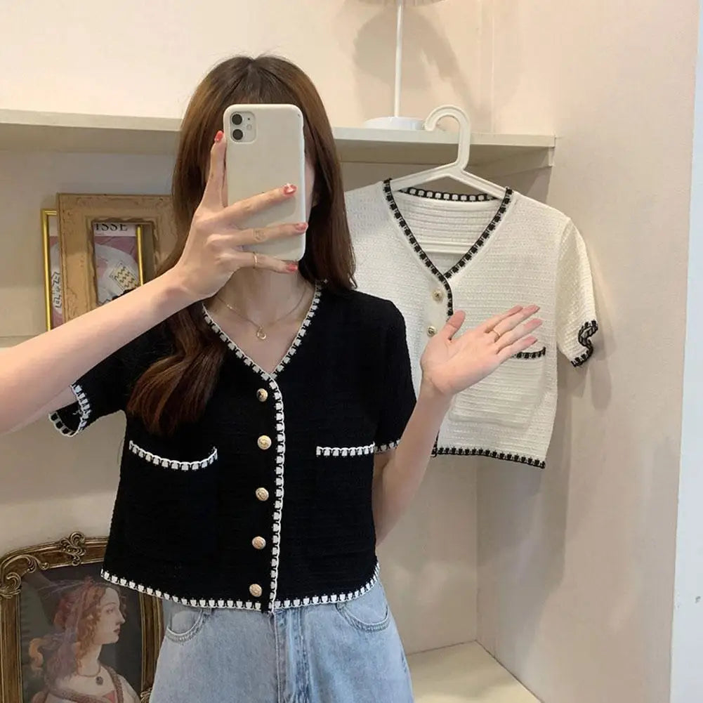 Women's V-neck T-Shirt Tops Small Fragrant Style Summer Short Sleeved Thin Knit Cardigan Elegant Slim-fit All-Match-Dollar Bargains Online Shopping Australia