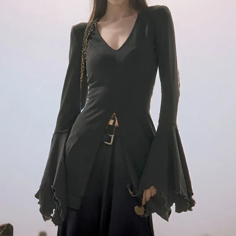 Goth Dark Fairy Grunge Flare Sleeve V-neck T-shirts Gothic Split Sexy Lettuce Hem Female Blouses Y2k Black Slim Fashion Alt Tops-Dollar Bargains Online Shopping Australia