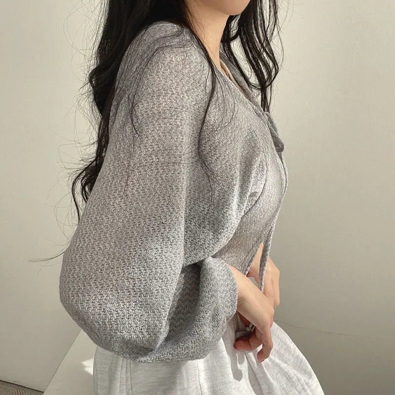 White Knitted Cardigan Women Summer Thin Sunscreen Lace-Up Knitwear Tops Female Lantern Sleeve Short Coat-Dollar Bargains Online Shopping Australia