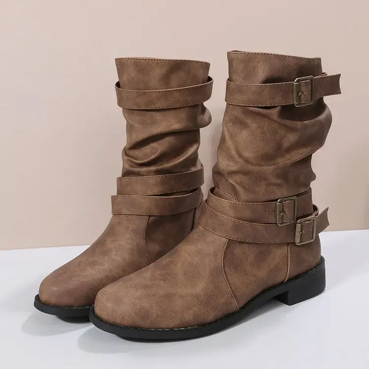 Women Boots European and American Fashion Buckle Pleated Short Boots Autumn and Winter New Flat Boots Women Shoes-Dollar Bargains Online Shopping Australia