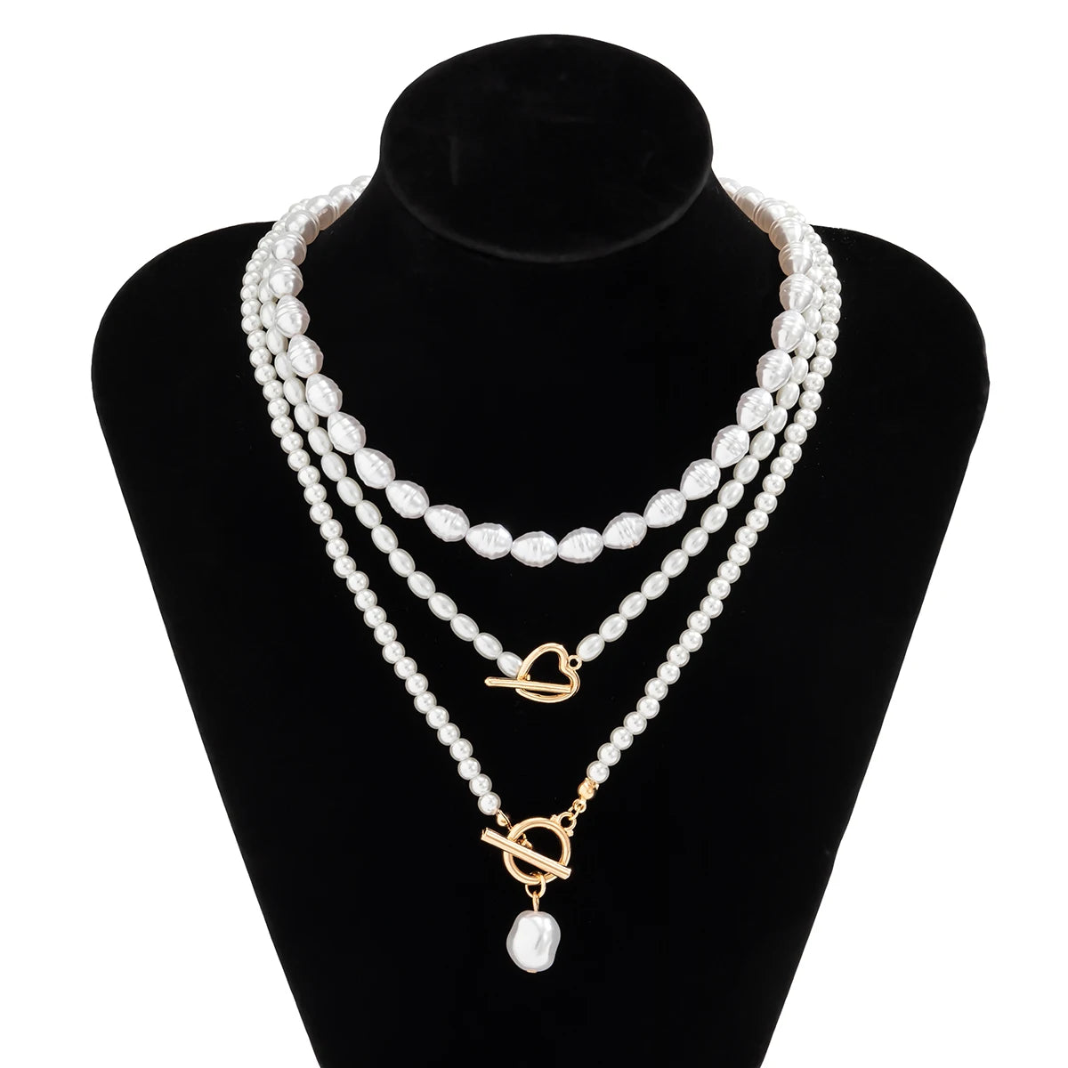 Vintage Imitation-Pearl Heart OT Buckle Pendant Necklace Women Wedding Bridal Bead Chain Neck Accessories Jewelry New