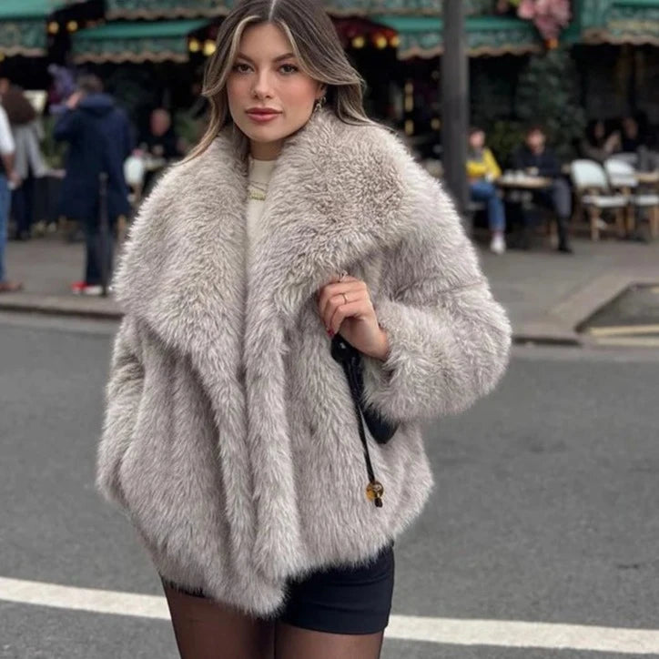 Gradient Fluffy Fur Coat Women High Street Luxury Big Faux Fur Collar Jacket Female Overcoats