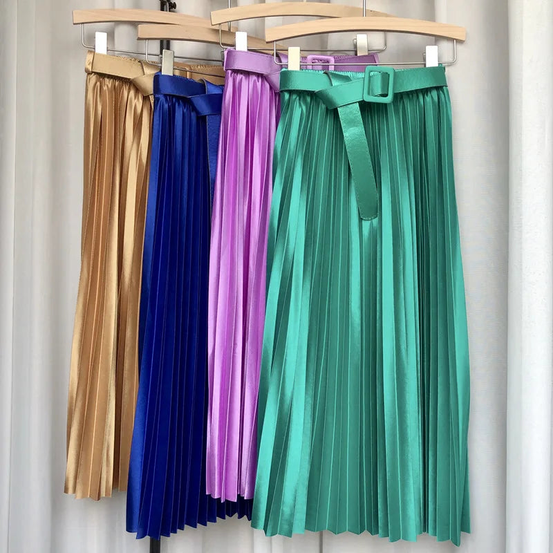 High Waist Elegant Stain Women's Pleated Skirts with Belted Solid Skirts Mi-long Umbrella Skirt Spring Summer