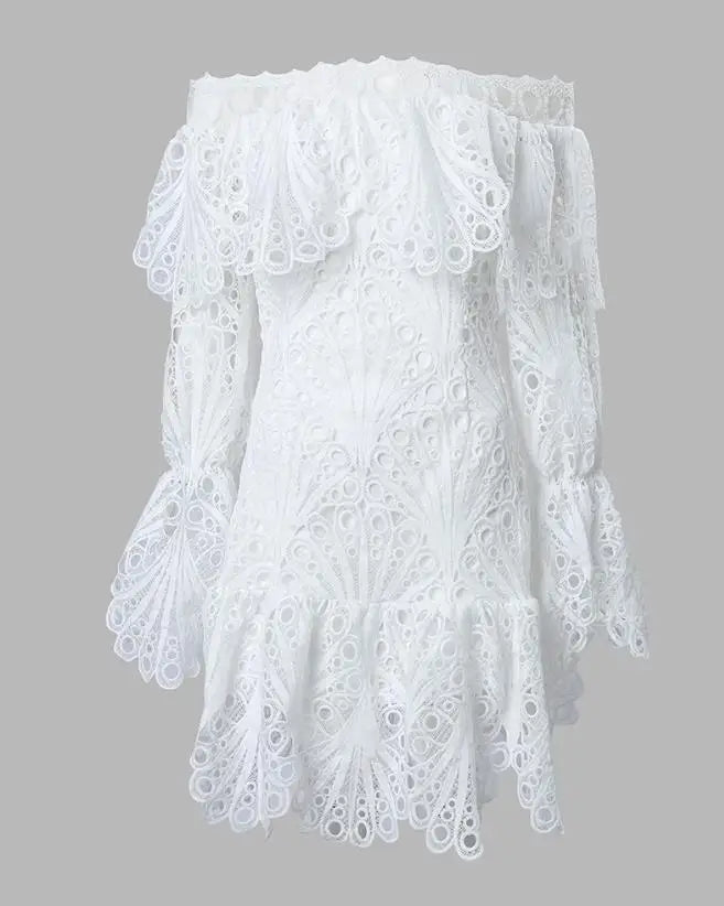 Women Eyelet Embroidery Off Shoulder Ruffle Hem Party Mini Dress A Line Summer Casual-Dollar Bargains Online Shopping Australia