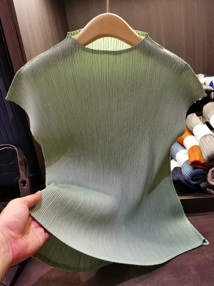 Versatile Classic Simple Solid Color Stand Up Collar Pleated Top Women Slim Slim Short Sleeve Miyake T-shirt Summer-Dollar Bargains Online Shopping Australia