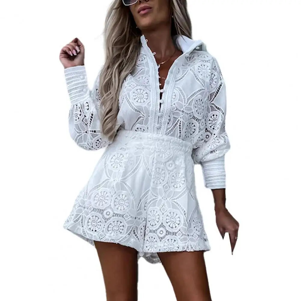 Foridol Vintage Single Breasted White Lace Women Shorts Sets Spring Long Sleeve Casual Party 2 Pcs Outfits Femme Suit Summer-Dollar Bargains Online Shopping Australia