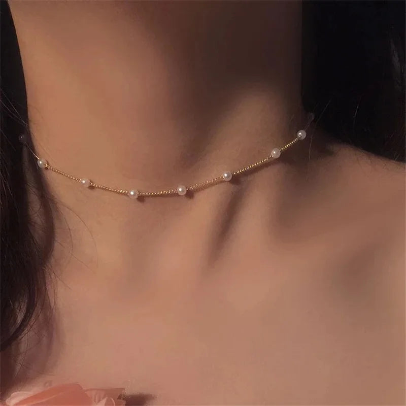 New Beads Women's Neck Chain Kpop Pearl Choker Necklace Gold Color Goth Chocker Jewelry On The Neck Pendant