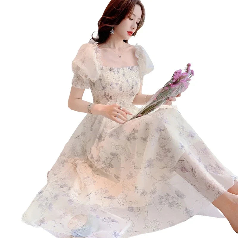 White Chiffon Long Dress Casual Floral Party Dress Elegant Short Sleeve Fairy Dresses Women-Dollar Bargains Online Shopping Australia