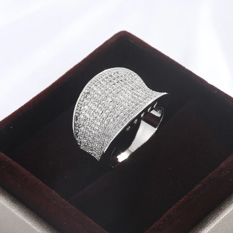 Silver Color Big Band Ring With Zircon StoneWomen Fashion Wedding Engagement Christmas Present