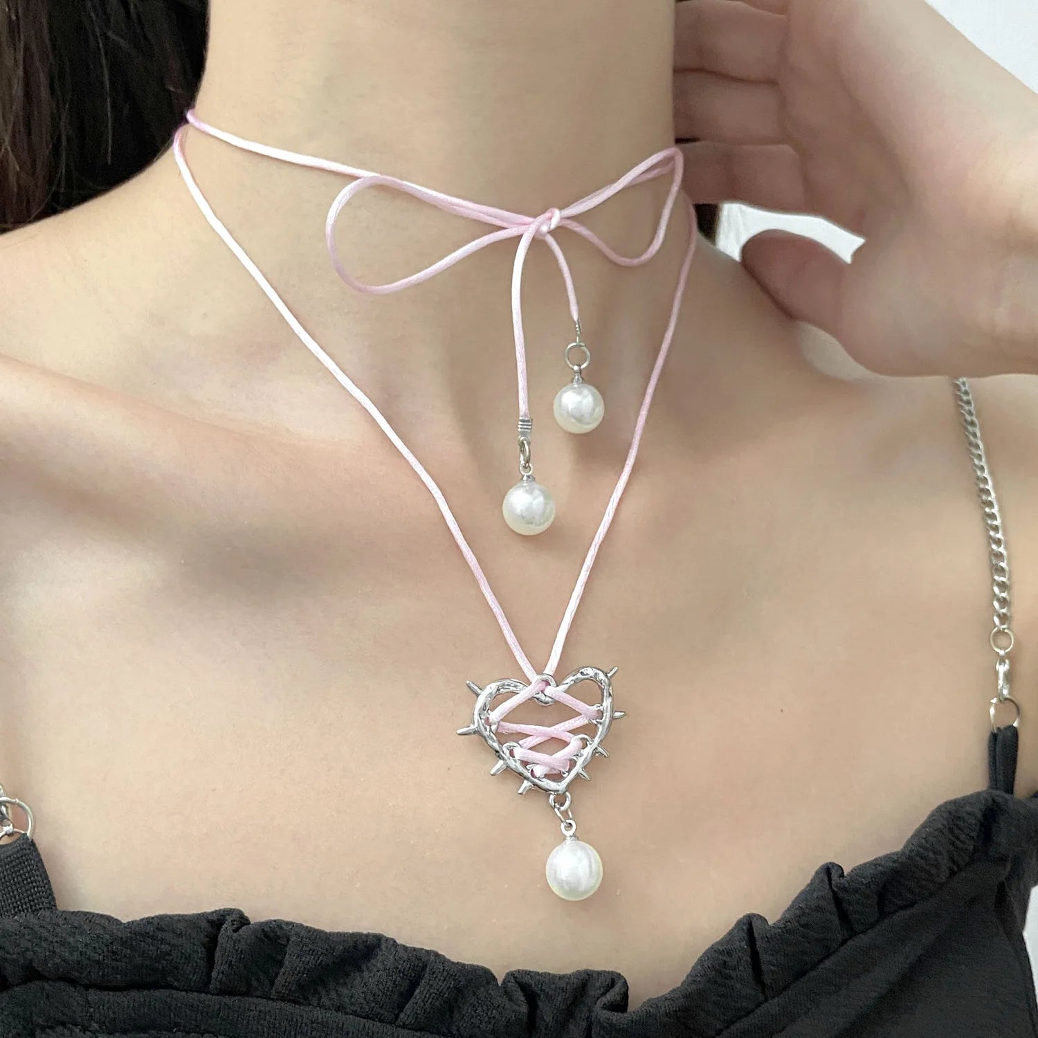 Pink Black Bow Tie Love Metal Heart Necklace Ribbon Pearl Pendant Necklace