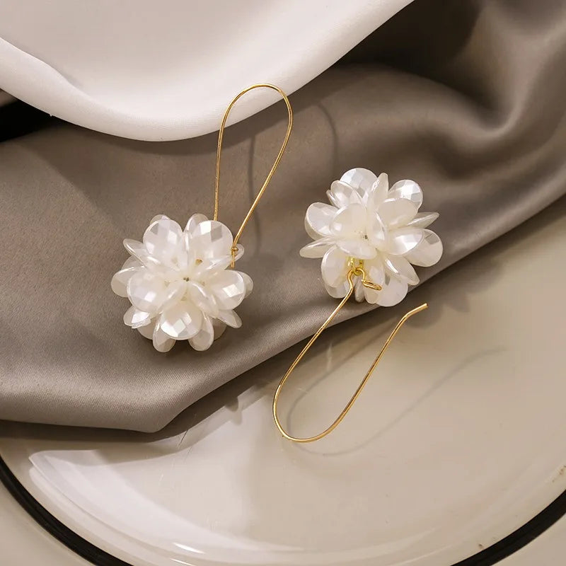 Summer Long Flower Earrings Hand-made Pearl Beaded Korean Fashion Shiny Earrings Sweet Jewelry