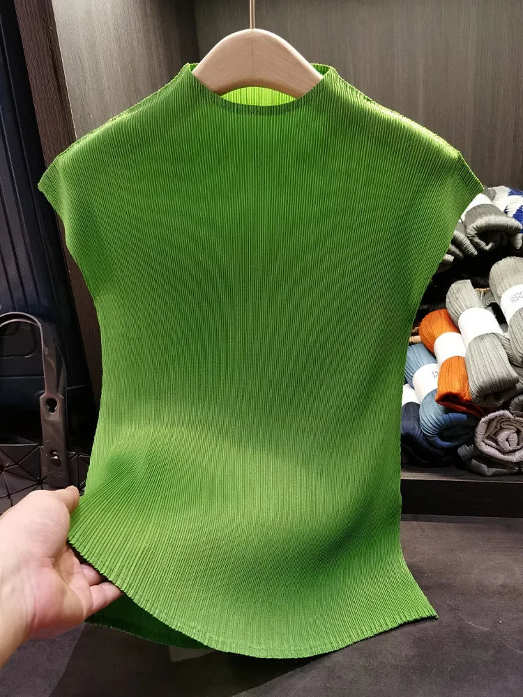 Versatile Classic Simple Solid Color Stand Up Collar Pleated Top Women Slim Slim Short Sleeve Miyake T-shirt Summer-Dollar Bargains Online Shopping Australia