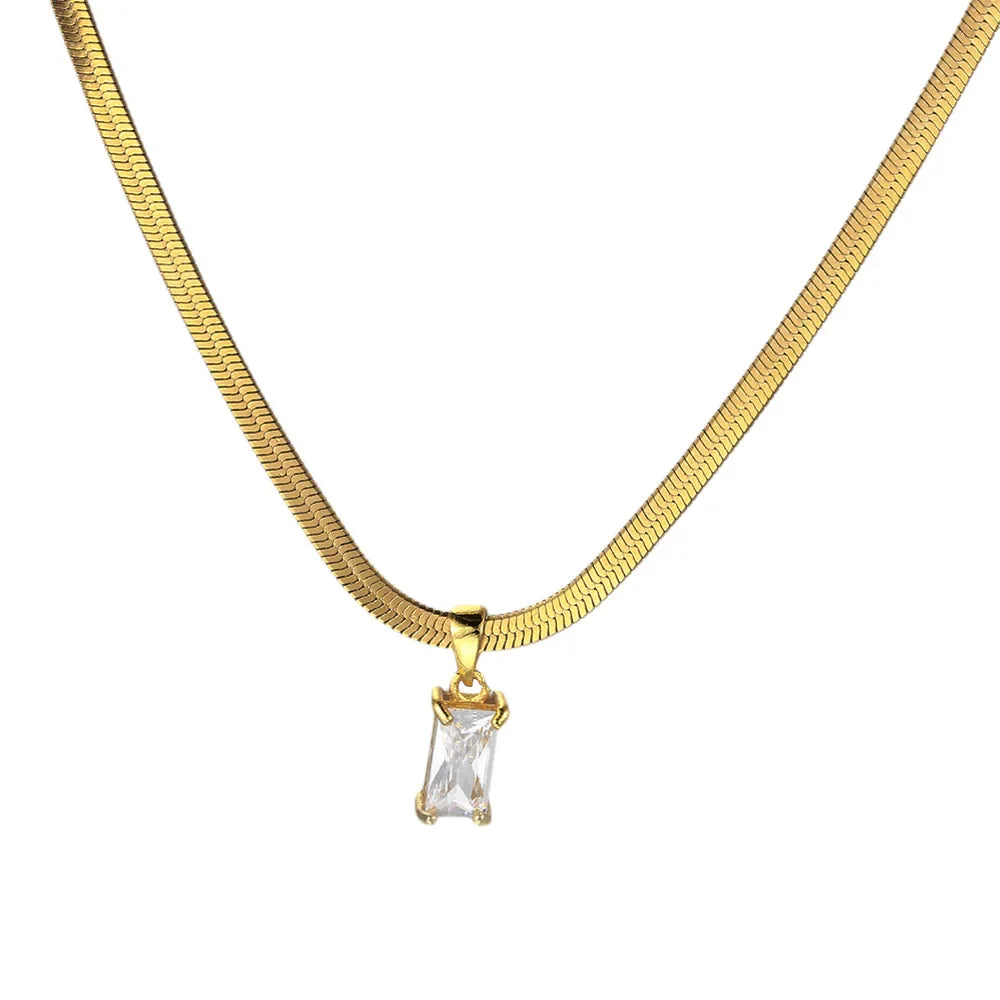 Squares Crystal Pendant Necklace for Women Dazzling CZ Gold Color Stainless Steel Choker Snake Chain on Neck Jewelry-Dollar Bargains Online Shopping Australia