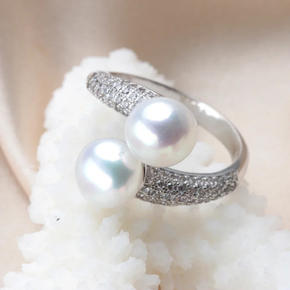 Double Pearl Adjustable Natural Freshwater Pearl Original 925 Sterling Silver Zircon Women's Ring Fine Bridal Jewelry