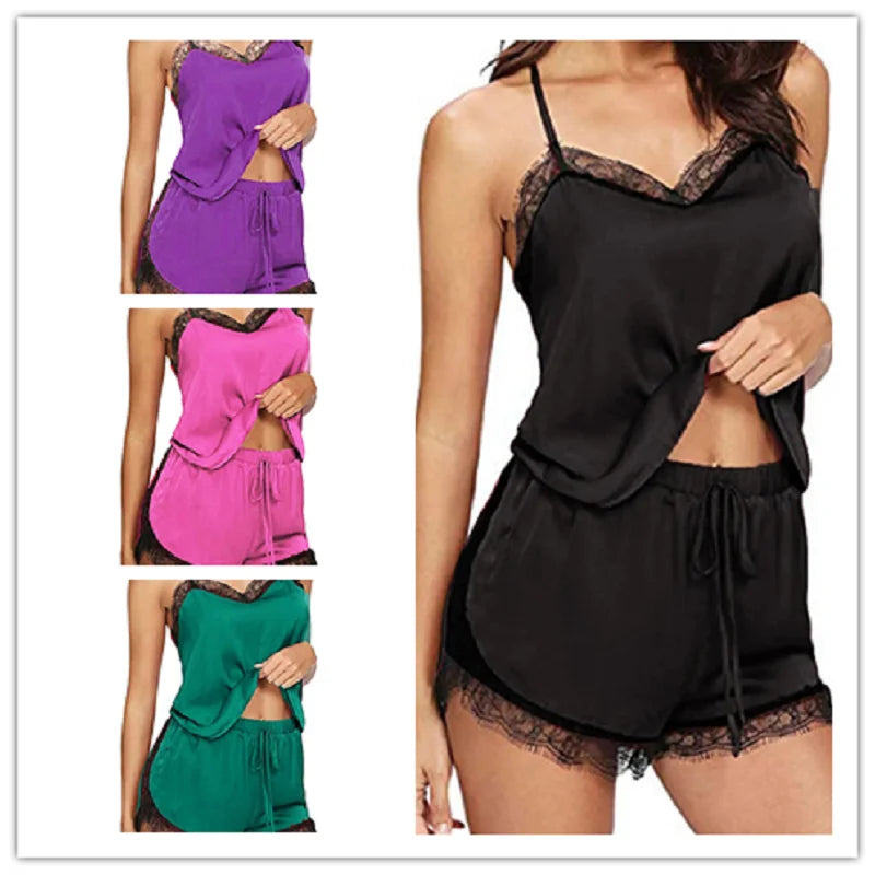 Women Pyjamas Suit V-Neck Stretch Satin Babydoll Lace Sexy Lingerie Bowknot Sleep Shorts Set Sleepwear