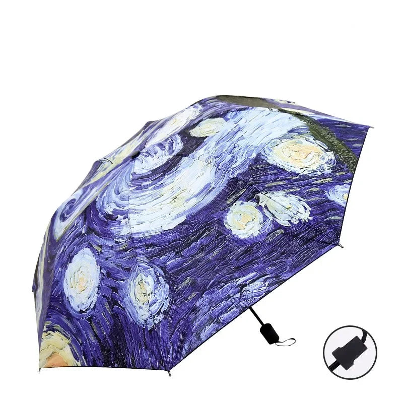 Folding Umbrella Female Windbreak Van Gogh Oil Painting Umbrella Rain Female Quality Black Coated Sunshade Umbrella