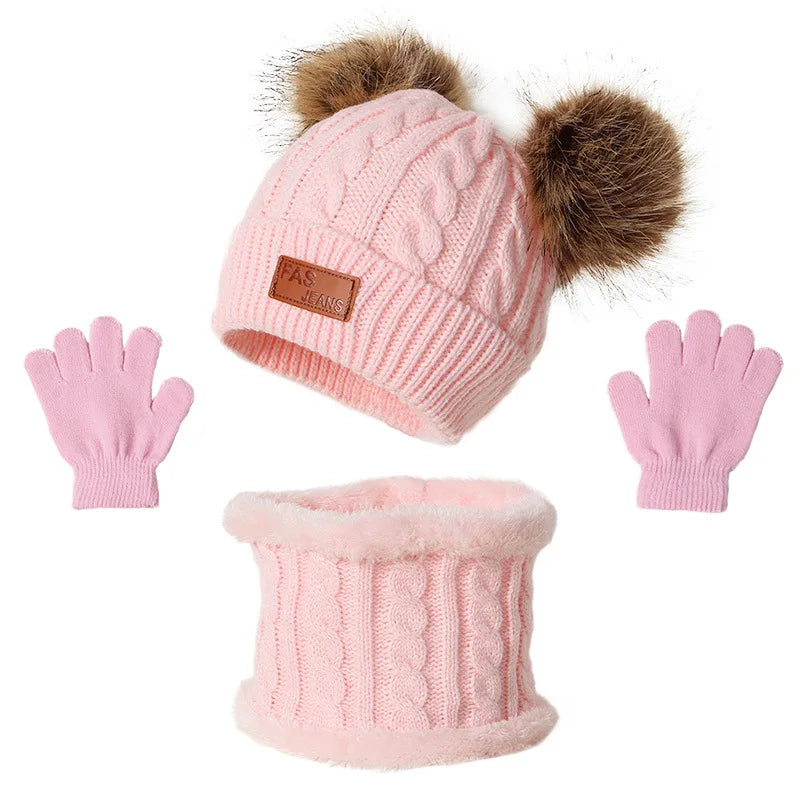 Children Winter Warm Suits Knitted Hat Scarf and Gloves Set For Girls Boy Pompoms Baby Beanies Cap Christmas Gifts For Kids 1-5y-Dollar Bargains Online Shopping Australia