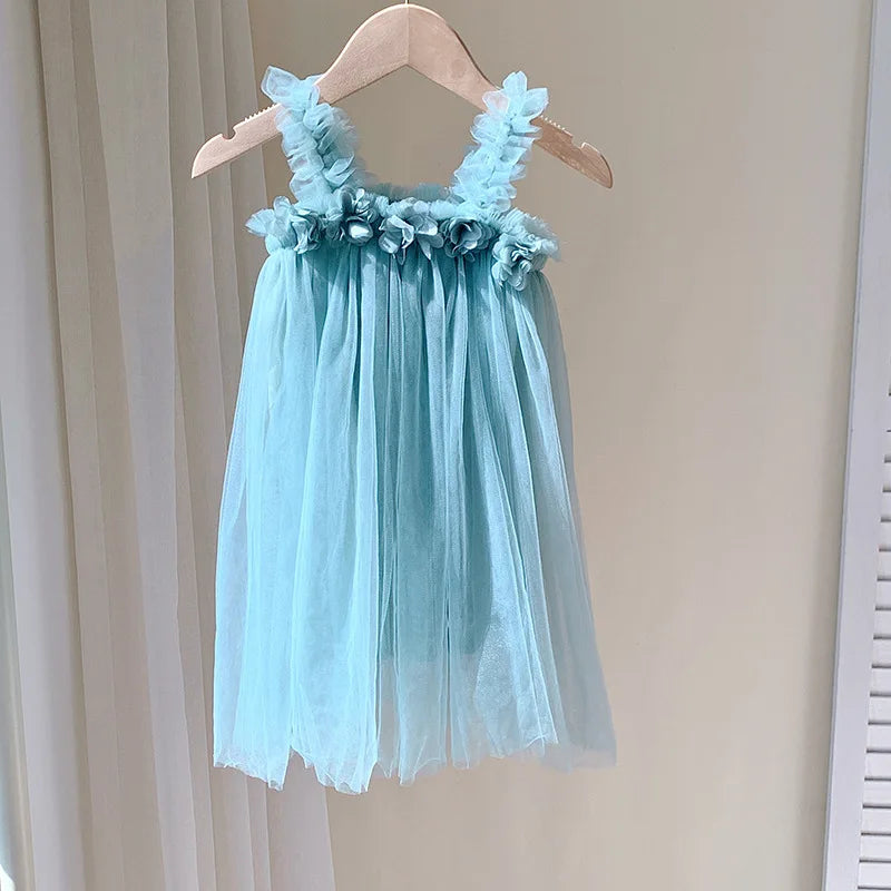 Kids Girl Dress 3D Flower Sling Sweet Beauty Children's Mesh Solid Color Baby Girls Beach Princess Fluffy Skirt-Dollar Bargains Online Shopping Australia