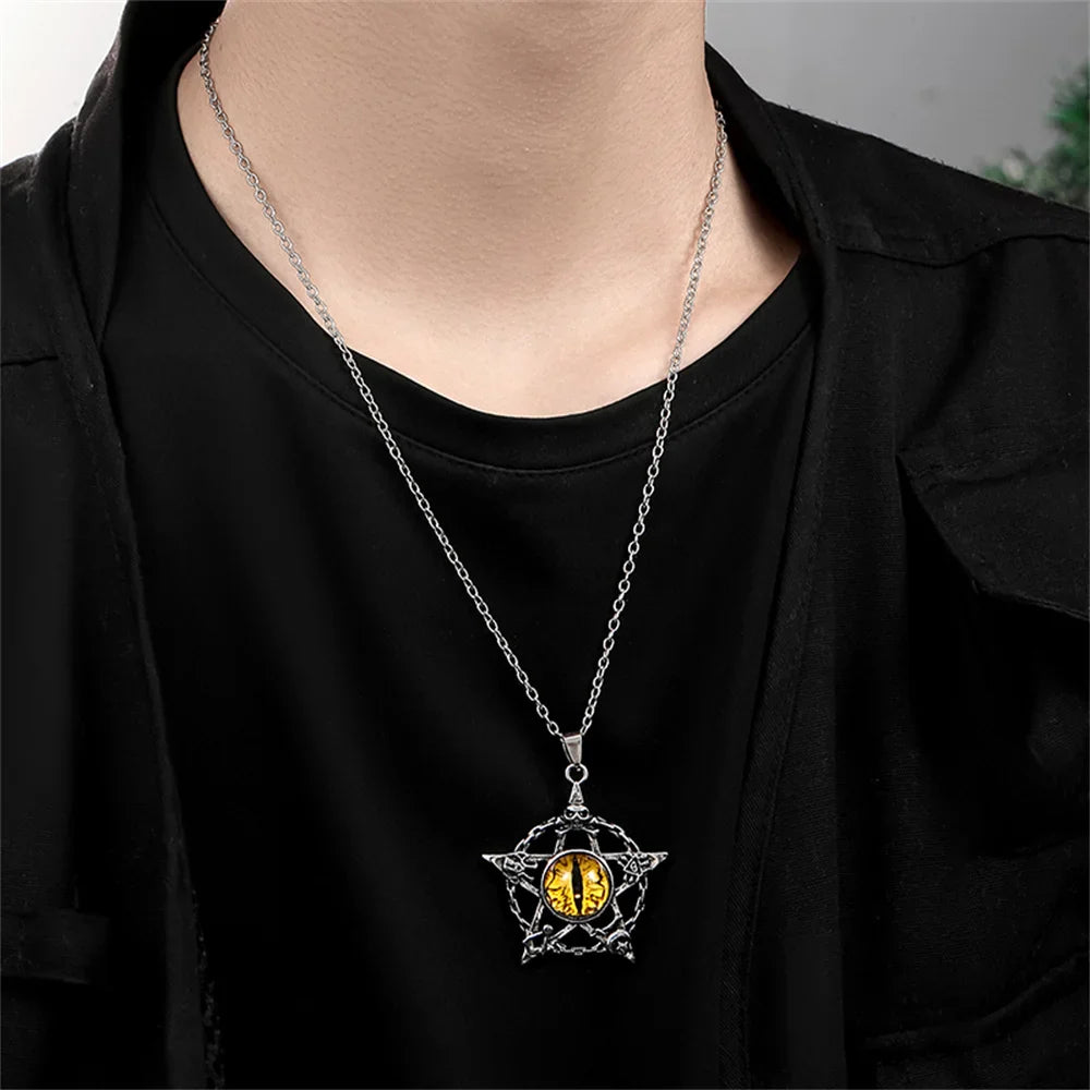Pentagram shape Devil's Eye Pendant Necklace For Men And Women Punk Retro Non Adjustable Metal Collar Trending Jewelry Gifts-Dollar Bargains Online Shopping Australia