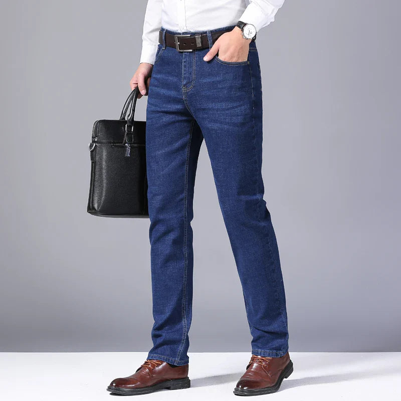 Men's Smart Jeans Business Fashion Straight Regular Blue Stretch Denim Trousers Classic Men