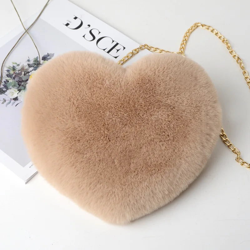 Fashion Women Heart Shaped Handbags Cute Kawaii Faux Fur Crossbody Bags Wallet Purse Plush Chain Shoulder Bag Lady Handbag