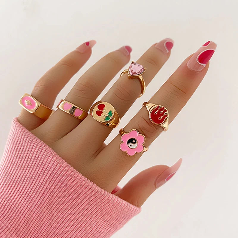 Pink Acrylic Butterfly Knuckle Ring Set For Women Crystal Enamel Mushroom Yin Yang Flower Rings Girls Fashion Jewelry-Dollar Bargains Online Shopping Australia