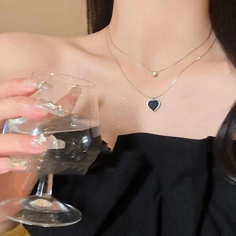 Unique Double Layer Black Love Heart Neckaces Women Exquisite Light Luxury Zircon Necklace Jewelry Party Gifts-Dollar Bargains Online Shopping Australia