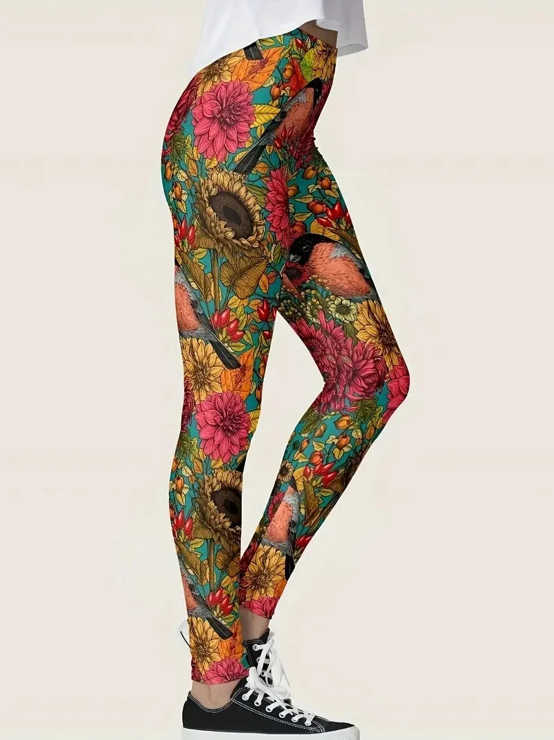 Flower and bird print Rest tight stretch elastic waist comfortable slim fit work daily travel Wearing women's leggings-Dollar Bargains Online Shopping Australia