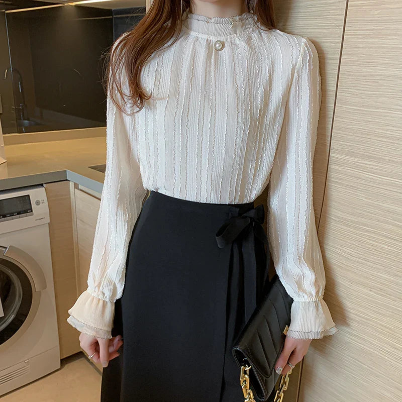 Women Stand Collar Lace Chiffon Blouse Shirt Tops Long Sleeve Blouse Women-Dollar Bargains Online Shopping Australia