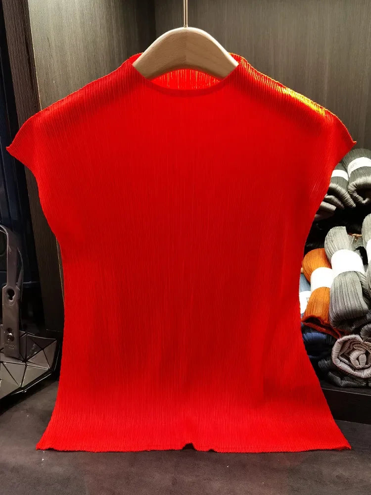 Versatile Classic Simple Solid Color Stand Up Collar Pleated Top Women Slim Slim Short Sleeve Miyake T-shirt Summer-Dollar Bargains Online Shopping Australia
