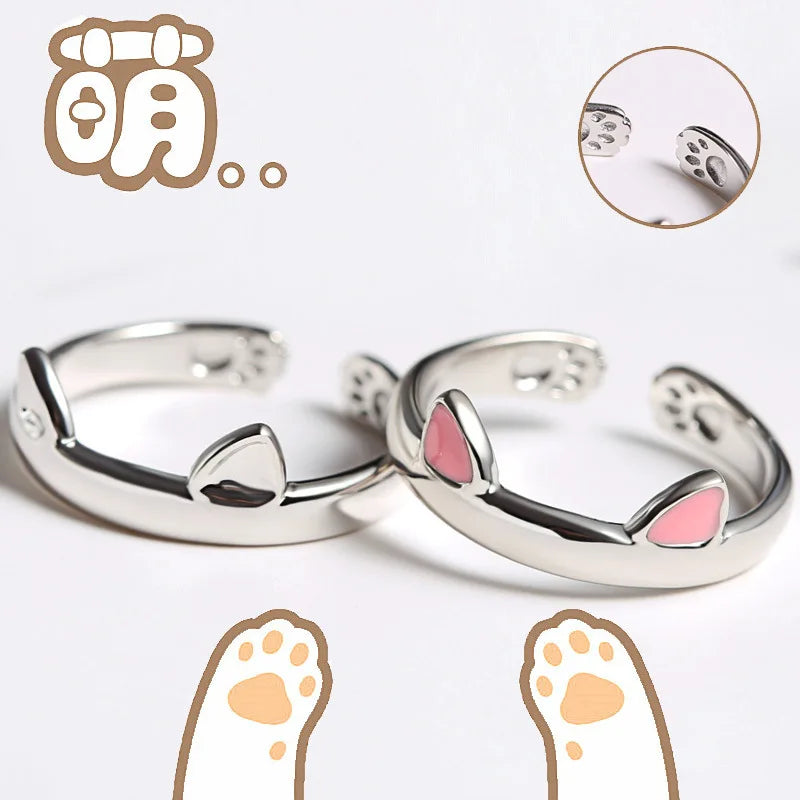 Cat Ear Finger Rings Open Cute Footprints Ring For Women Girl Pearl Hollow Geometric Gift Adjustable Fine Jewelry Accessories