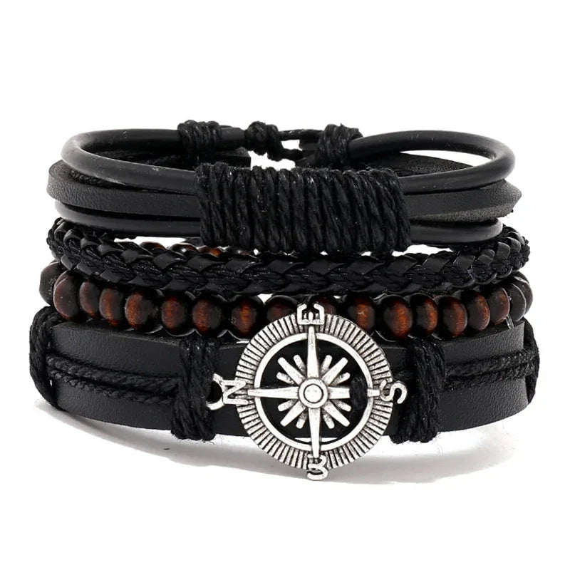 Trendy Compass Man Leather Bracelets set Black Hand Woven Bracelet for Men 4pcs/set DIY Male Jewelry Gift New Pulsera Hombre-Dollar Bargains Online Shopping Australia