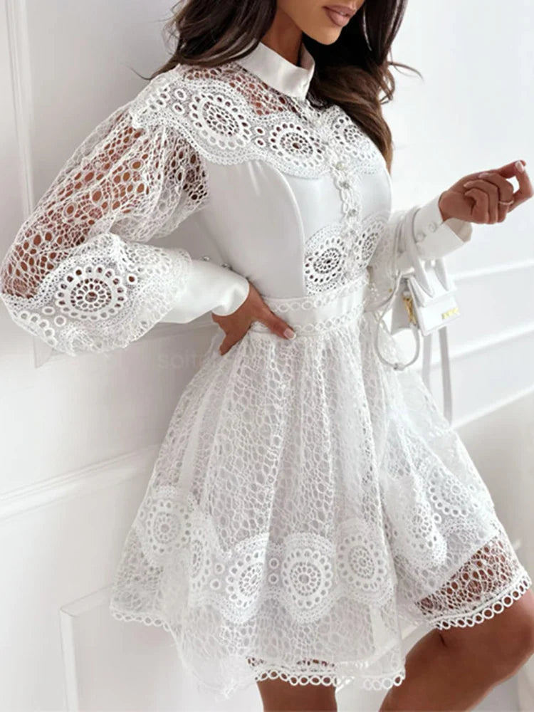 Spring Summer Women Solid O-Neck Mini Dress Loungewear Fashion Hollow Out Lantern Sleeve Ladies Party Dress Streetwear Vestidos-Dollar Bargains Online Shopping Australia