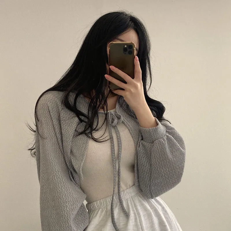 White Knitted Cardigan Women Summer Thin Sunscreen Lace-Up Knitwear Tops Female Lantern Sleeve Short Coat-Dollar Bargains Online Shopping Australia