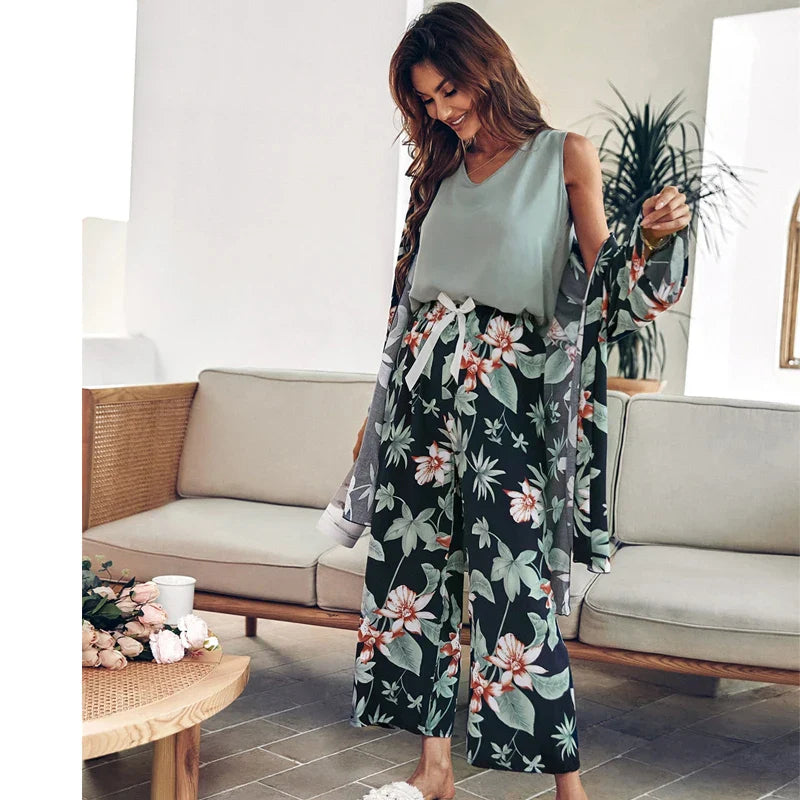 Women Pajamas Set Viscose Floral Printed Female Pyjama Loose Sleepwear Nightwear Spring Summer Lounge Wear