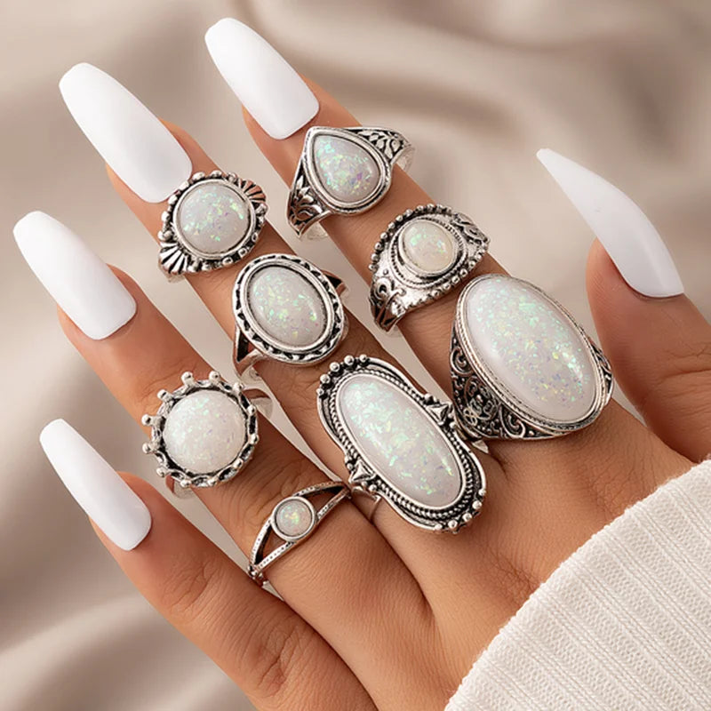Tocona Vintage Antique Silver Color Rings Sets Colorful Opal Crystal Stone Rings for Women Men Bohemian Jewelry anillos 6421-Dollar Bargains Online Shopping Australia
