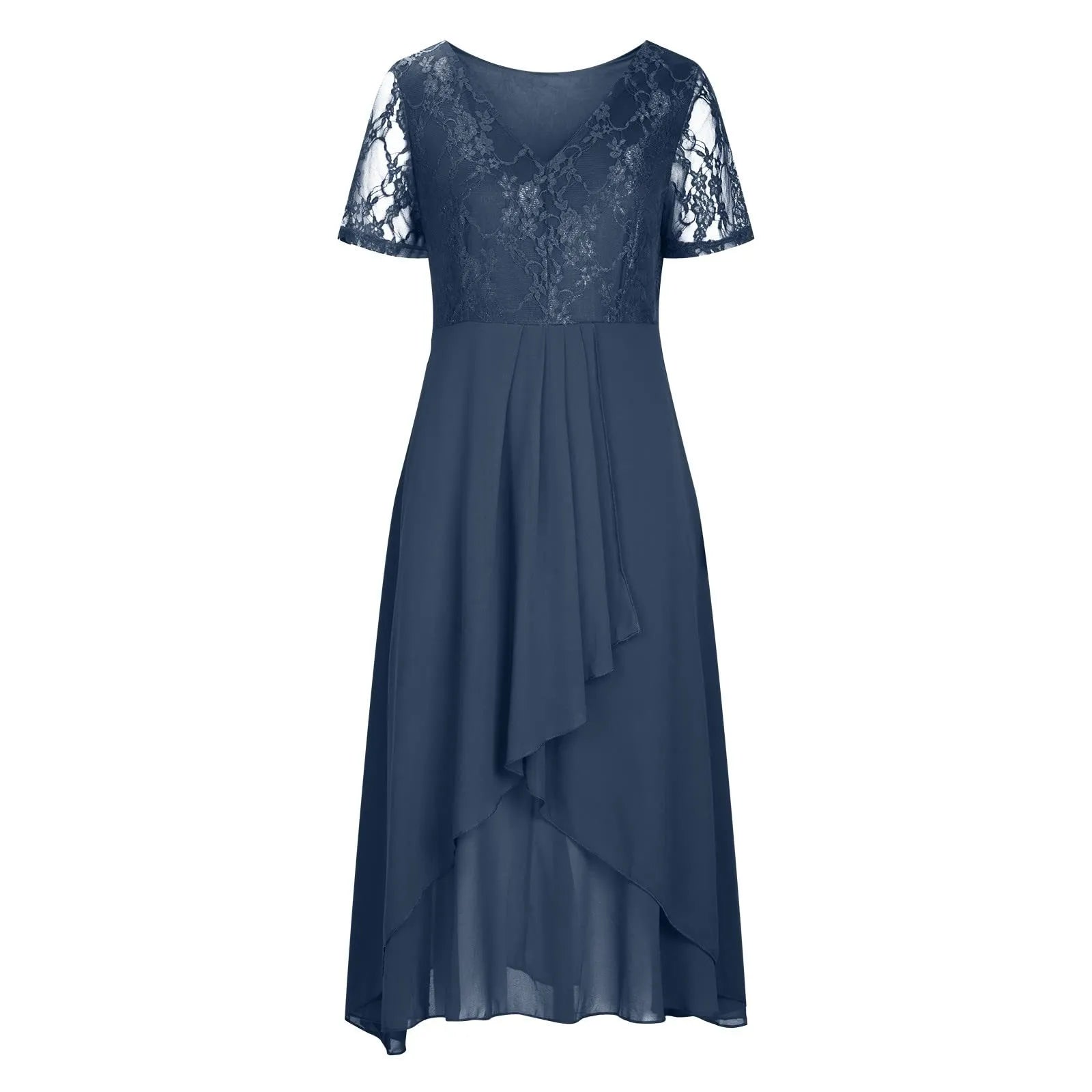 Dresses Women Elegant Lace Chiffon Flowy Dress Evening Party Gown V Neck Short Sleeve Lace Chiffon Dress