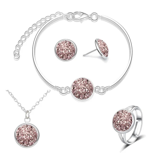 Luxury Quality Quartz Rhinestone Jewelry Sets for Women Simple Round Earrings Necklaces Set Bridal 4 Piece Silver Plated Jewelry-Dollar Bargains Online Shopping Australia