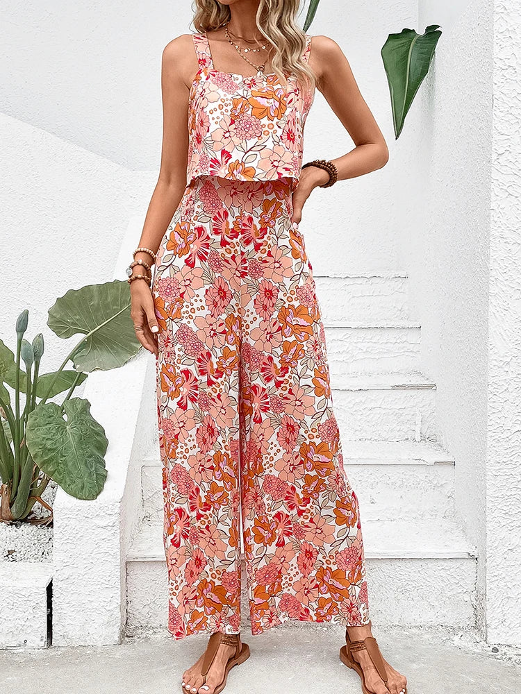 Elegant Long Jumpsuit Women Sexy Backless Wide Leg Jumpsuits Casual Sleeveless Floral Rompers-Dollar Bargains Online Shopping Australia